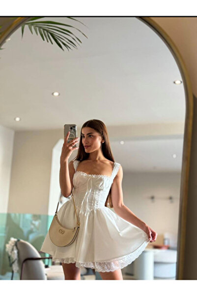MODA NUR Dantel Detaylı Beyaz Mini Elbise