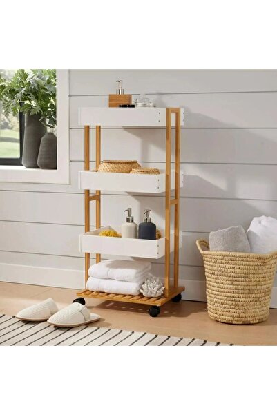 Bin shihoon A three-shelf, wide, white, movable shelving unit