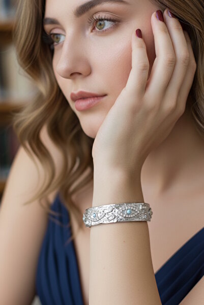 CAŞ DEKORASYON Silver Color Eye Model Stone Steel Handcuff Bracelet