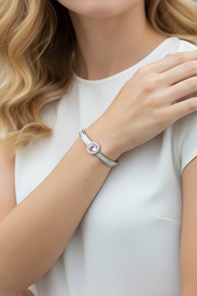 CAŞ DEKORASYON Silver Color Pink Stone Steel Handcuff Bracelet