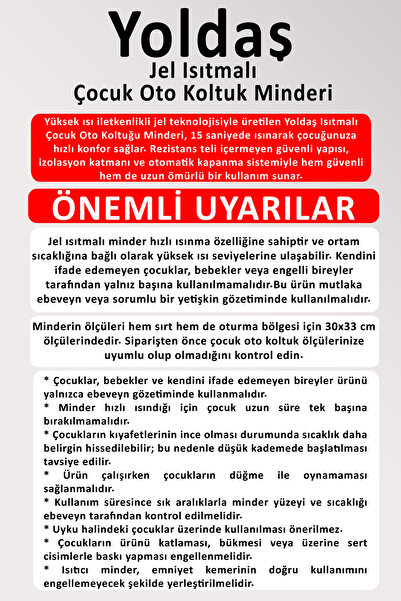 YOLDAŞ Jel Isıtmalı Çocuk Oto Koltuk Minderi 15 saniyede Hızlı Isınma