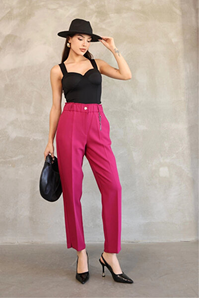 lodmela Accessory Detailed Elastic Waist Fabric Trousers 6119-Fuchsia