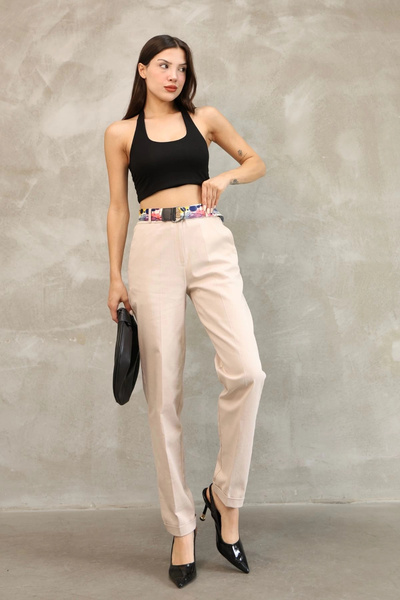 lodmela Pocket Detailed Belted Cotton Fabric Trousers 6174-Mink