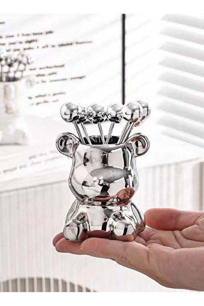 Generic Dessert Fruit Picks Teddy Bear Fruit Fork Set with Storage Jar (8x9, Silver)