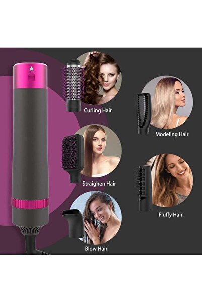 Generic 5-in-1 Rotary Hair Dryer & Straightener Brush - 5 Interchangeable Barrels, 3 Modes