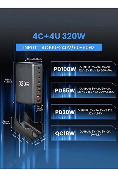 Generic 320W GaN 8-Port USB-C PD Desktop Charger - Fast Charge for iPhone 15/14 & Samsung