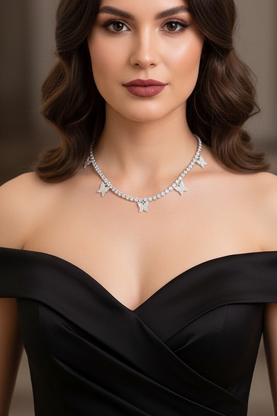 CAŞ DEKORASYON Silver Color Butterfly Stone Waterway Necklace