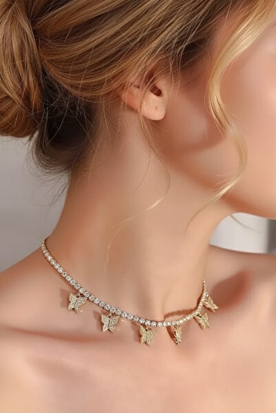 CAŞ DEKORASYON Gold Color Butterfly Figured Stone Detailed Necklace