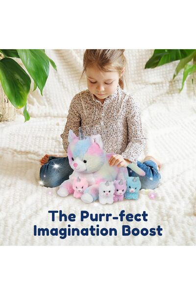 PixieCrush Unicorn Cat Plushie - Mommy Cat Unicorn with 4 Baby Kittens (5 x 10 x 8 in)