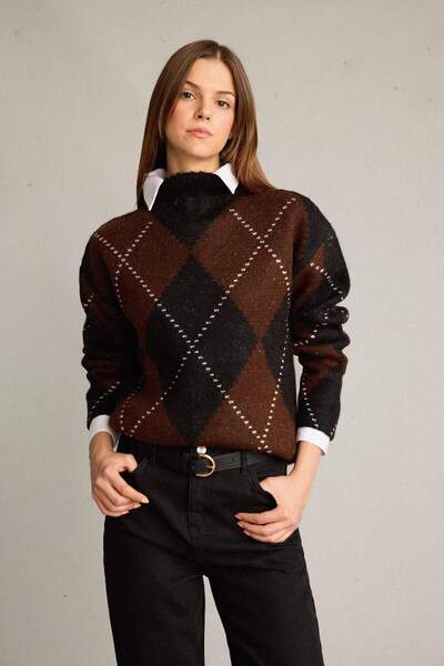 DeFacto Overshirt Fit Half Turtleneck Argyle Pattern Knitwear Sweater G7522Ax25Wn