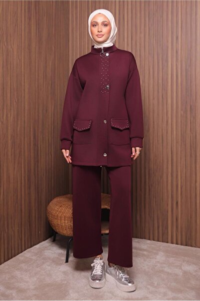 TRENDTESETTÜR Women's Burgundy Pants Suit with Scuba Knitting t 4335