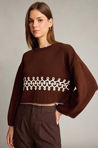 DeFacto Crop Crew Neck Embroidered Knitwear Sweater G6303Ax25Wn