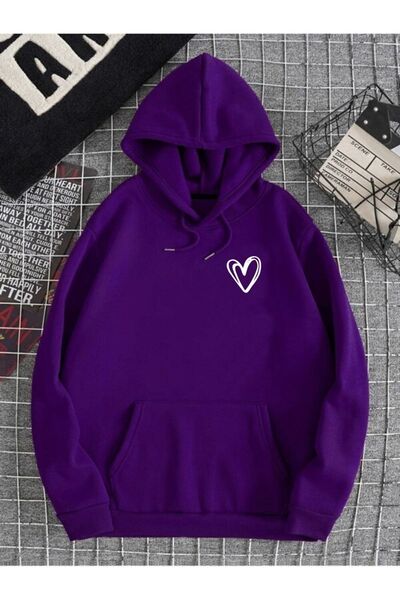 RASCHA Hanorac oversize cu glugă, unisex, cu imprimeu inimă violet