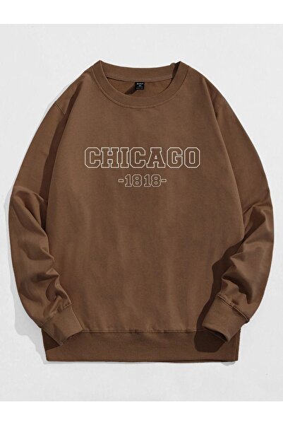 ORLONTEX Unisex Brown Chicago Printed Crew Neck Oversize Sweatshirt