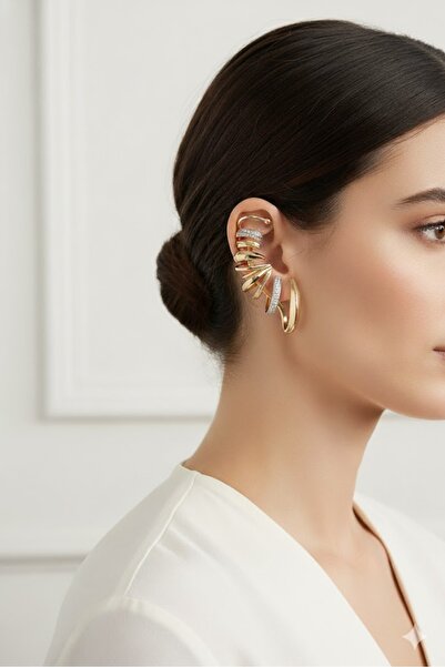 Dorvina Pirinç Sarmal Figürlü Gold Renk Kadın Sağ Kıkırdak Küpe | Şık ve Daya...