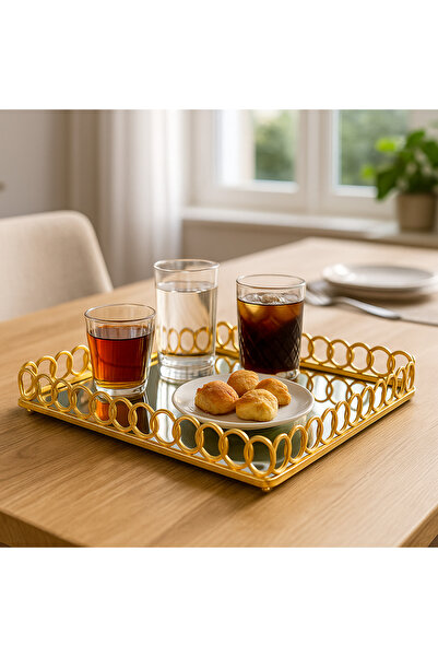 YAVUZHAN Aynalı Halka Detaylı Gold Dekoratif Tepsi Büyük (27x40)