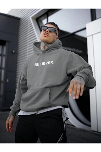 ORLONTEX Men's Smoke Gray Believer Printed Oversize Hooded Sweatshirt