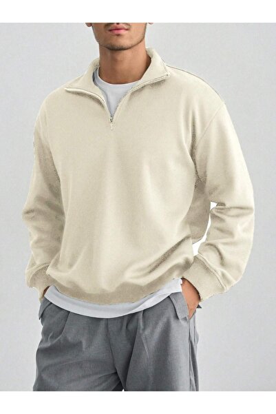 ORLONTEX Men's Beige Half Zipper Oversized Polo Neck Sweatshirt