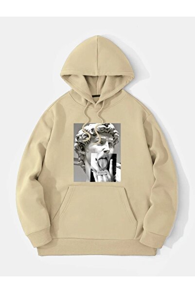 RASCHA Hanorac oversize cu glugă, unisex, bej, imprimat cu sculptură