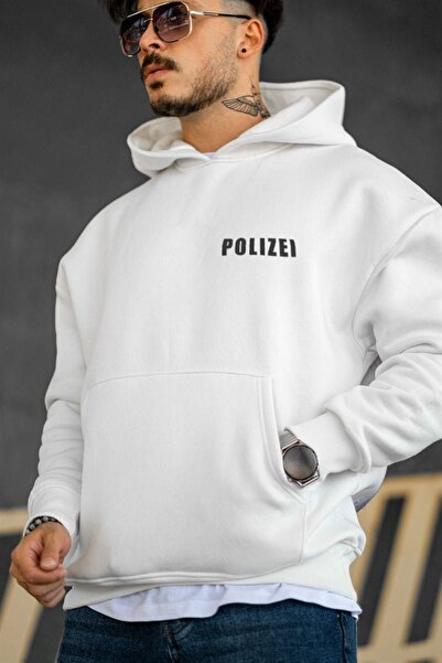 ORLONTEX Унисекс бял суичър с качулка с щампи Polizei