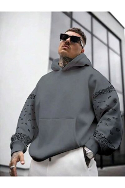 RASCHA Men's Smoke Gray Sleeve Patterned Oversize Hooded Sweatshirt