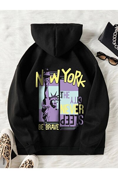 RASCHA Hanorac oversize unisex, negru, cu imprimeu New York