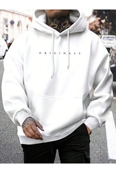 RASCHA سويت شيرت بقلنسوة كبير الحجم مطبوع باللون الأبيض للرجال