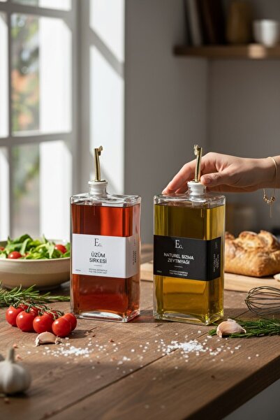 EG75 2'li Kare Formlu 750ml. Cam Yağdanlık ve Sirkelik Seti (Özel 4 Etiket He...