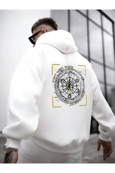 ORLONTEX Men's White Avant Back Printed Oversize Hooded Sweatshirt