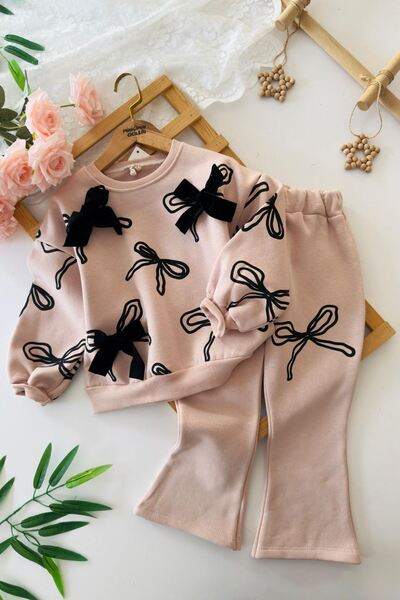 Minigimin Cicileri My Little One's Cicileri Bow Velvet Detailed Winter Girl's 2-Piece Set - Brown