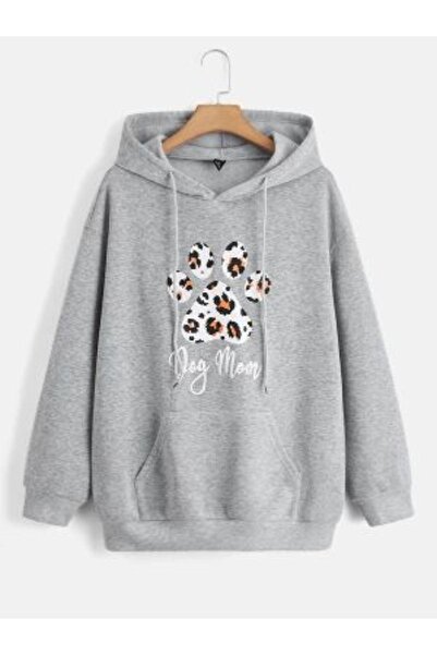 ORLONTEX Unisex Gray Paw Printed Hooded Oversize Sweatshirt