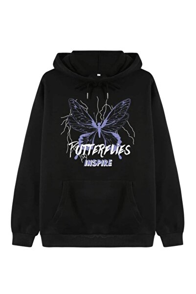 ORLONTEX Hanorac oversize cu glugă, unisex, negru, imprimat cu fluturi