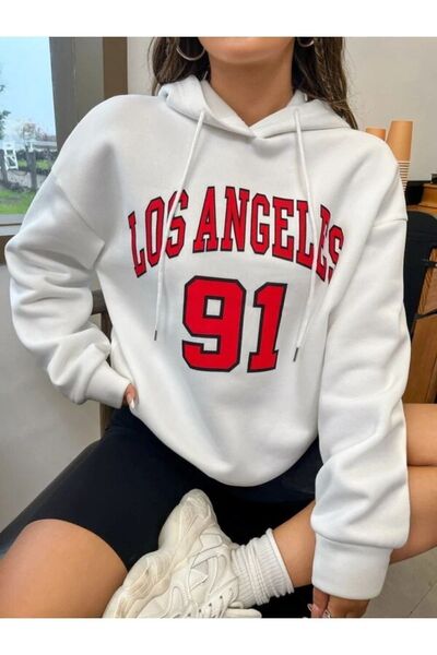 ORLONTEX Unisex White Los Angeles 91 Φούτερ με στάμπα μεγάλου μεγέθους με κου...