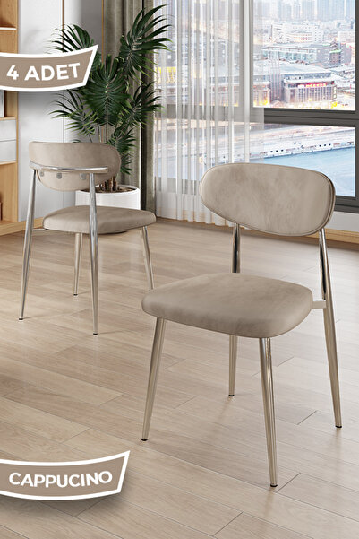 Canisa Laos Serisi 4 Adet Cappucino Mutfak Sandalyesi Krom Kaplama Metal Ayak 1.Sınıf Babyface Kumaş