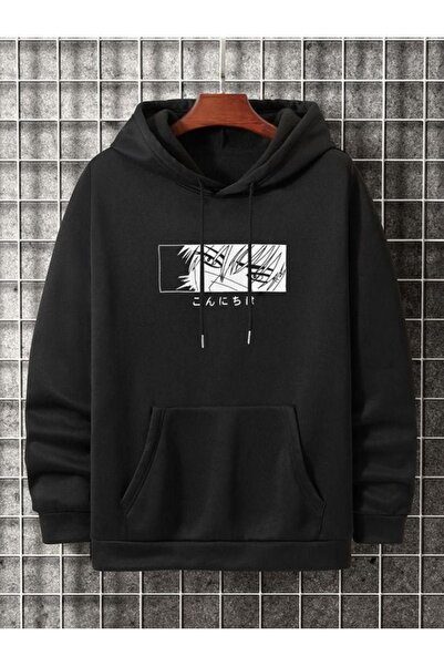 ORLONTEX Unisex Μαύρο Oversize φούτερ με κουκούλα με λεπτομέρεια εκτύπωσης στ...