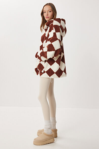 Lovelyİstanbul Hooded Patterned Oversized Plush Coat Lci0064 Brown Bone