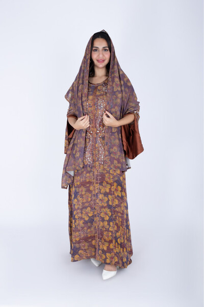 IKKXA Printed Jalabiya Crystal Patterns with Shawl