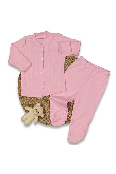 bebegen طقم بيجامة للفتيات الصغيرات باللون الوردي مكون من قطعتين قماش مجدّل أزرار كبس 0-3 أشهر