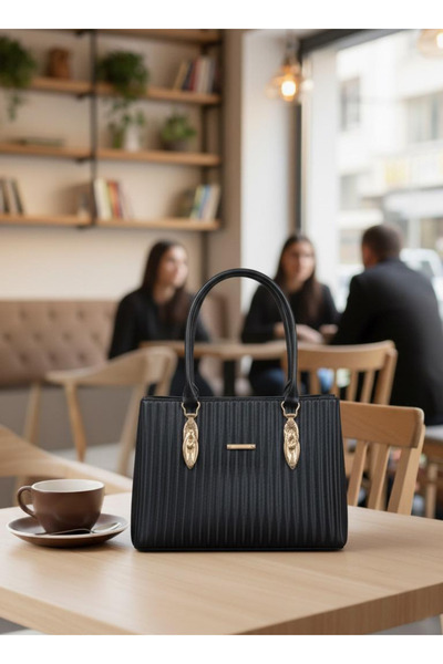 Elory Grace Women's Black Leather Shoulder Bag – Handbag, Shoulder Bag, Gold Yellow Detail