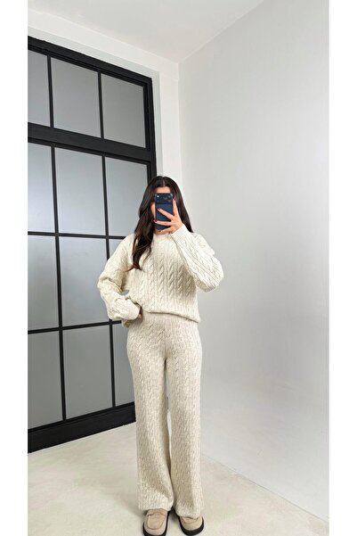 Gaus Taş Saç Örgülü Kazak Beli Lastikli Pantolon Triko Takım GAUS-00592