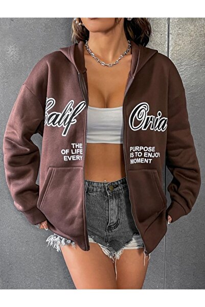 RASCHA سترة نسائية بغطاء للرأس وطبعة كاليفورنيا باللون البني