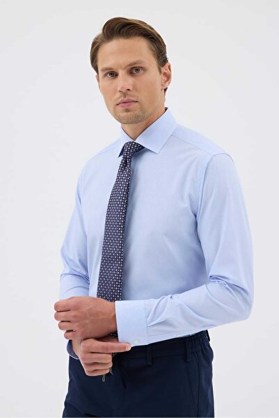 Paşahan Non-Iron Blue and White Striped 100% Cotton Comfort Fit Shirt