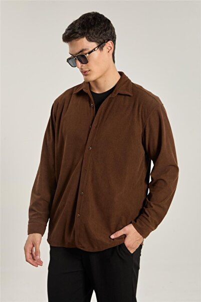 BARRELS AND OIL Men's Corded Fabric velvet shirt - brown
