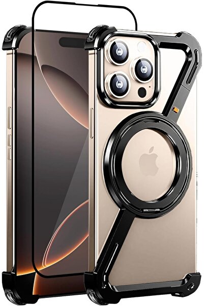 Margoun جراب معدني بسيط بدون إطار مع حامل 360 درجة لجهاز iP 16 Pro Max (أسود ...