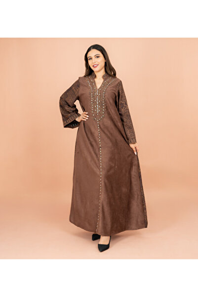 IKKXA جلابية فاخرة من الماندرين مطرزة بالخرز بأكمام منقوشة