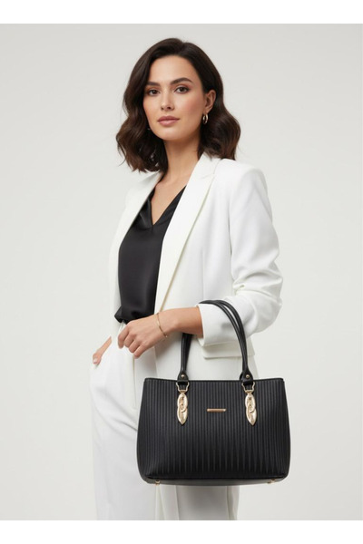 Elory Grace Women's Black Leather Shoulder Bag – Handbag, Shoulder Bag, Gold Yellow Detail