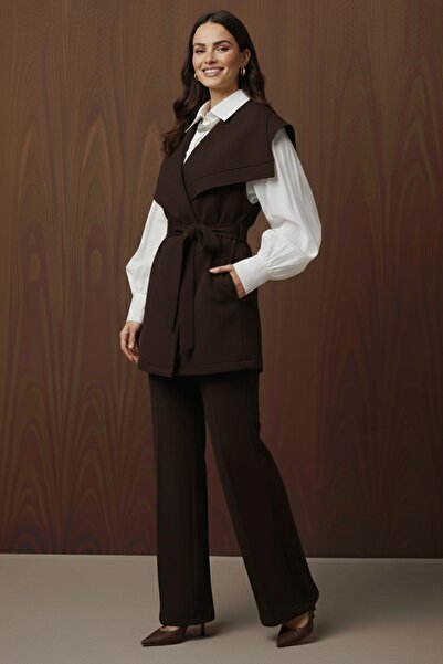 Puane Women's Stitched Detailed Belted Scuba Vest Set - 14398Tkm - Brown