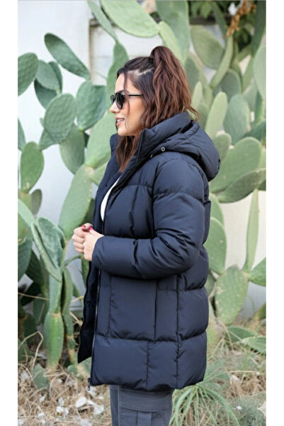 ASG TEKSTİL Black Color Women's Puffer Jacket – Oversized, Front Pocket, Windproof, Winter Hooded