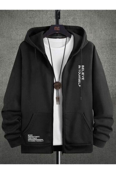 RASCHA Erkek Siyah Believe Baskı Kapüşonlu Hırka