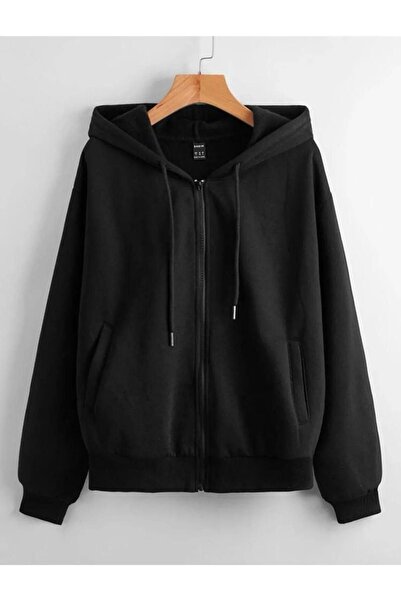 RASCHA Unisex Black Round Back Printed Thin Seasonal Hooded Oversize Cardigan